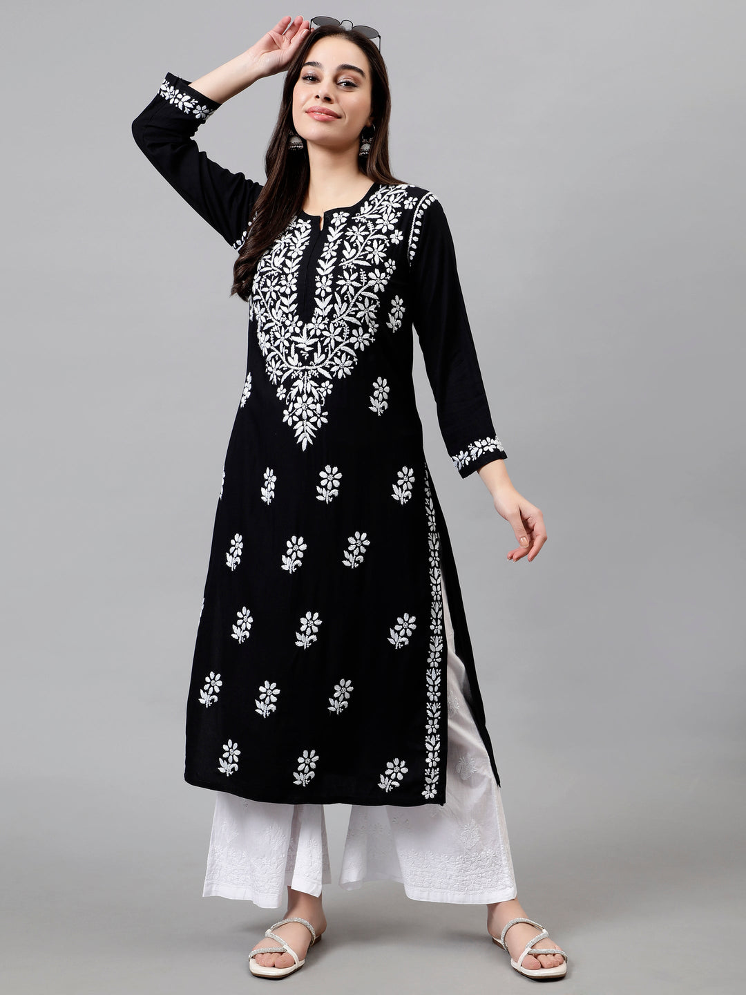 Black-Rayon-Hand-Embroidered-Lucknowi-Chikankari-Kurti