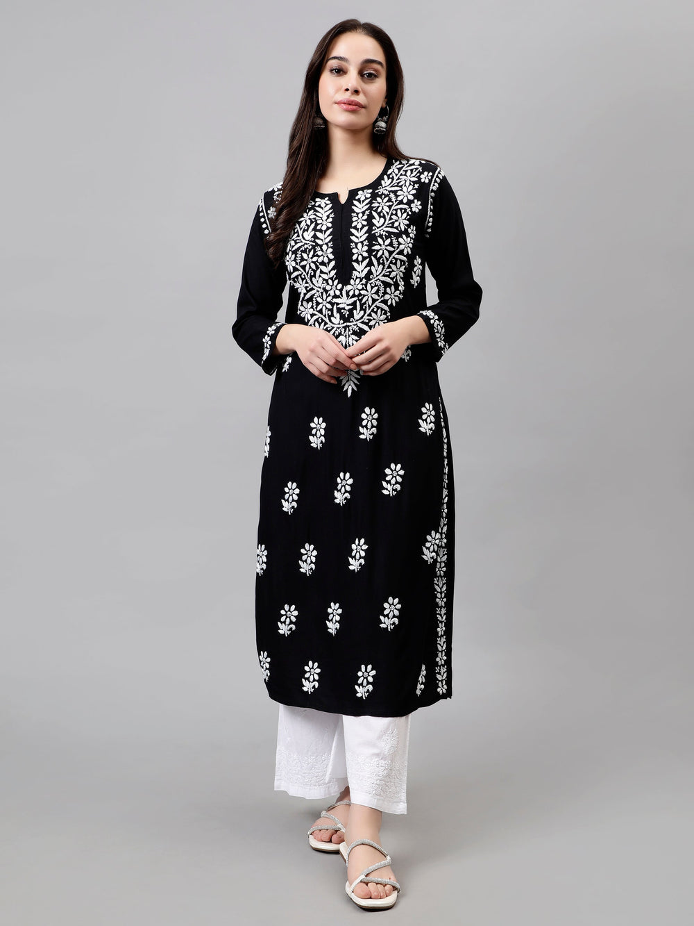 Black-Rayon-Hand-Embroidered-Lucknowi-Chikankari-Kurti