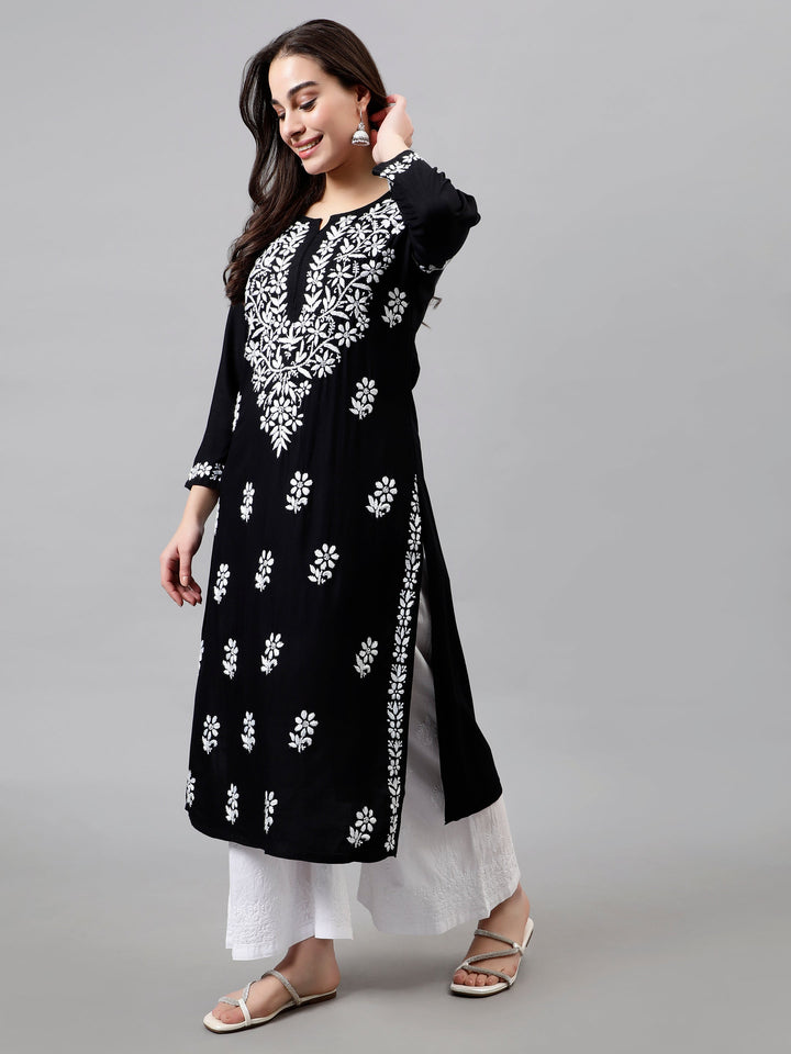 Black-Rayon-Hand-Embroidered-Lucknowi-Chikankari-Kurti