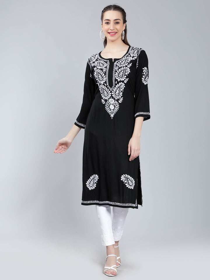 Black-Rayon-Kurta-with-White-Chikankari-Work