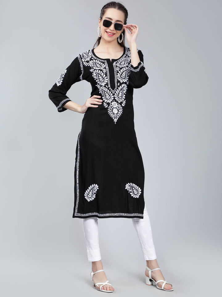 Black-Rayon-Kurta-with-White-Chikankari-Work
