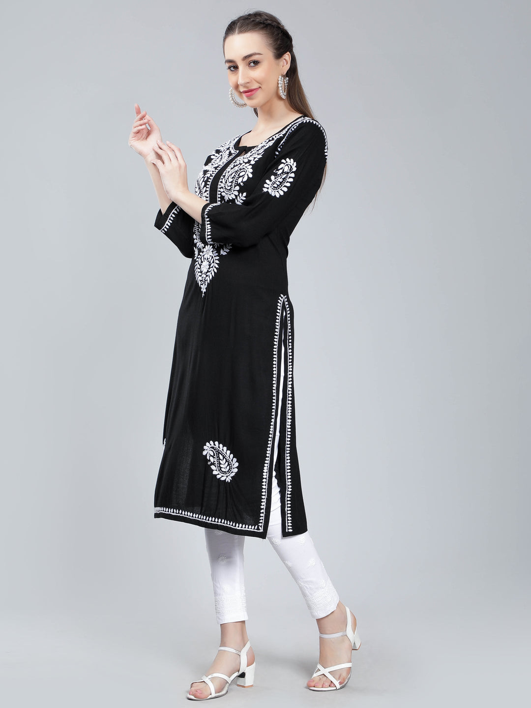Black-Rayon-Kurta-with-White-Chikankari-Work