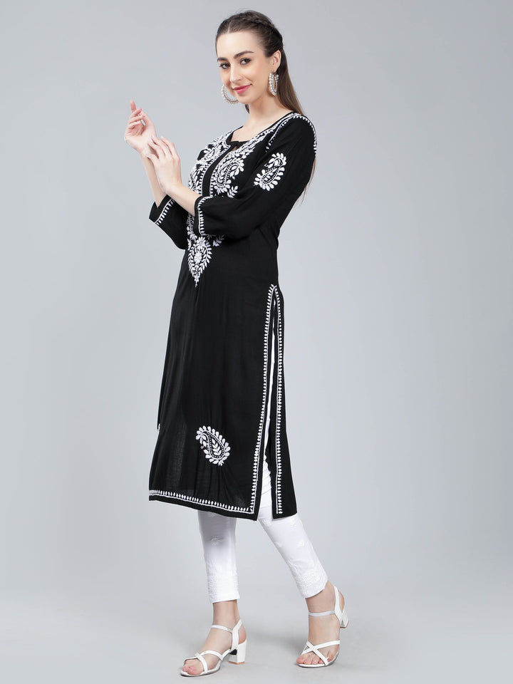 Black-Rayon-Kurta-with-White-Chikankari-Work