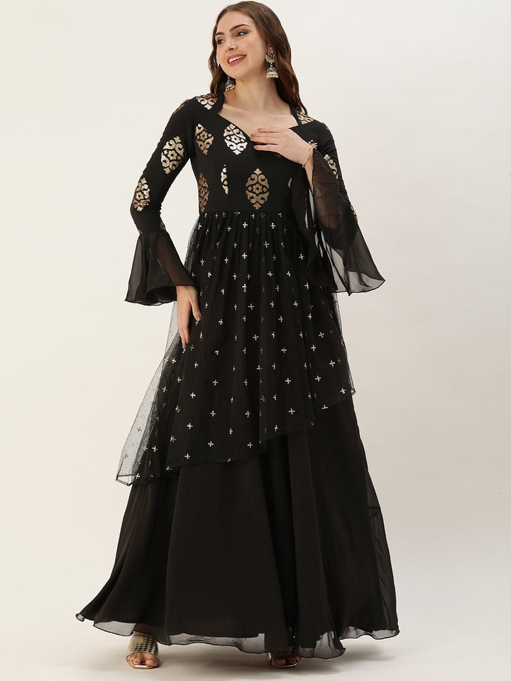 Black Sequin Embroidered Georgette Asymmetrical Flare Gown