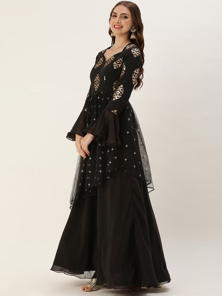 Black Sequin Embroidered Georgette Asymmetrical Flare Gown