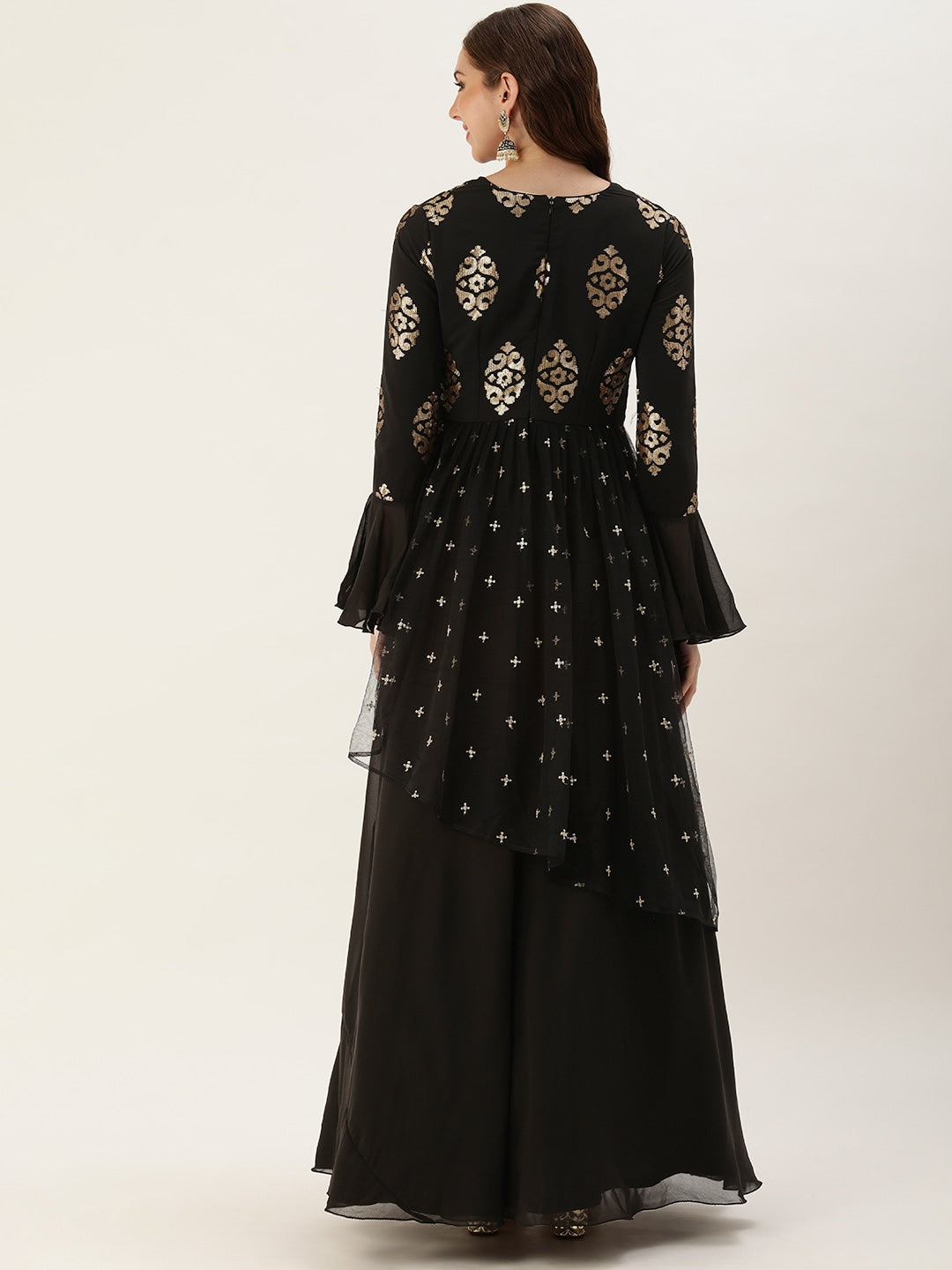 Black Sequin Embroidered Georgette Asymmetrical Flare Gown