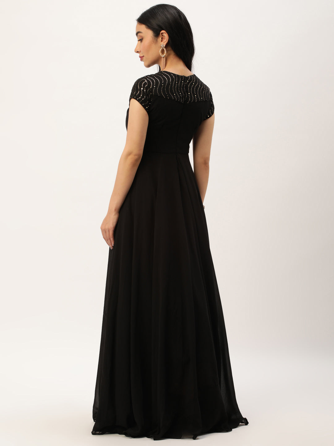 Black Sequined Round High-Neckline Flared Gown