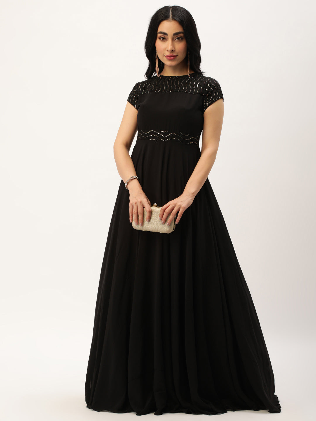 Black Sequined Round High-Neckline Flared Gown
