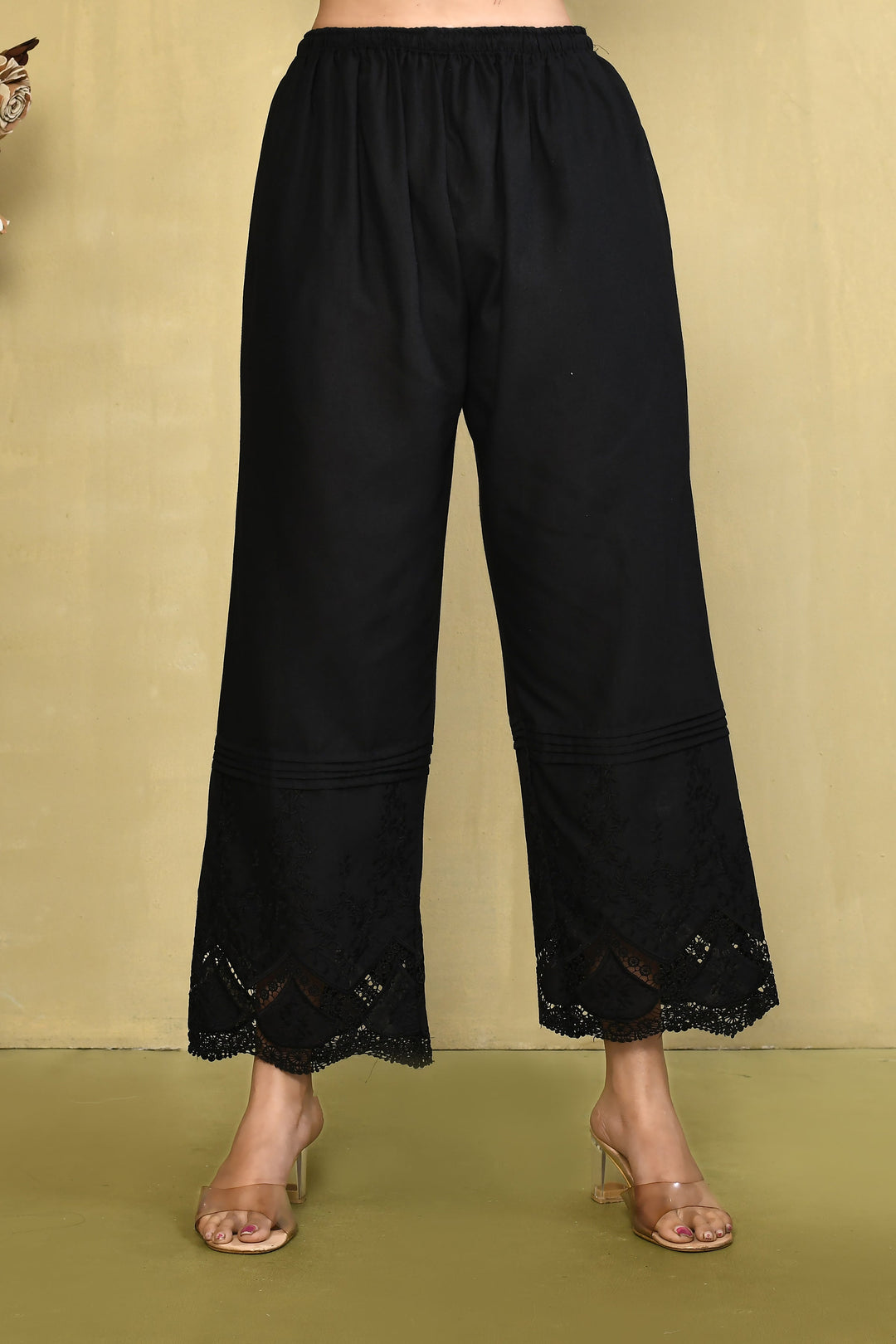 Black Straight Pant With Embrodoidered Lace Cutwork
