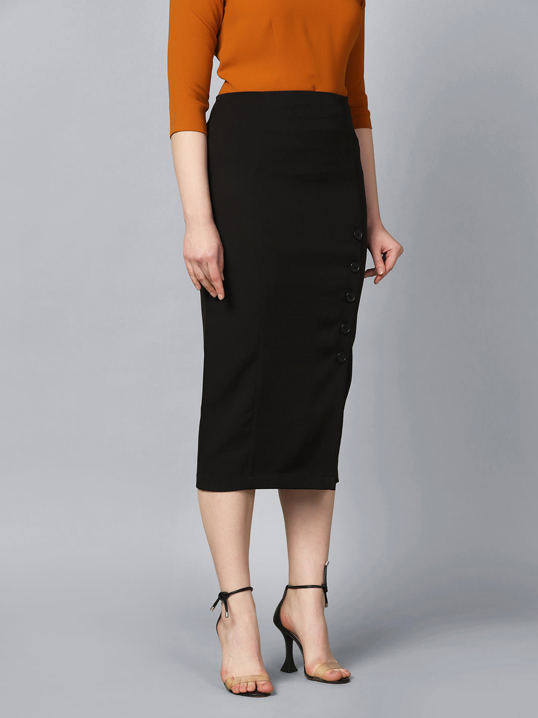 Black Stretch Longline Button Detail Skirt