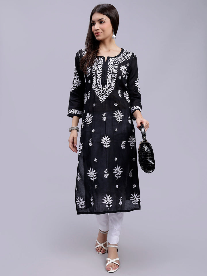 Black Terivoil Cotton Handwoven Chikankari Kurti