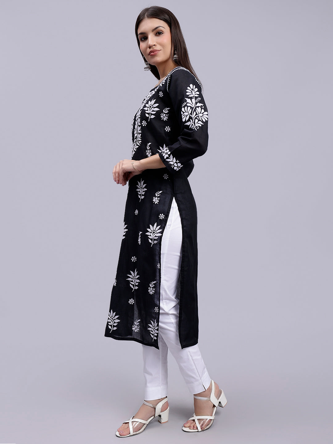 Black Terivoil Cotton Handwoven Chikankari Kurti