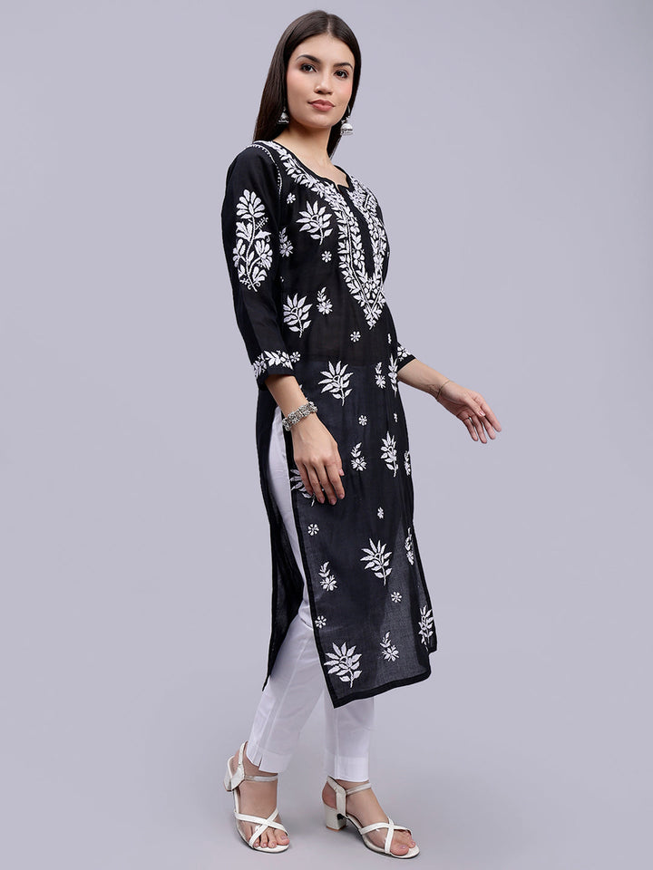 Black Terivoil Cotton Handwoven Chikankari Kurti