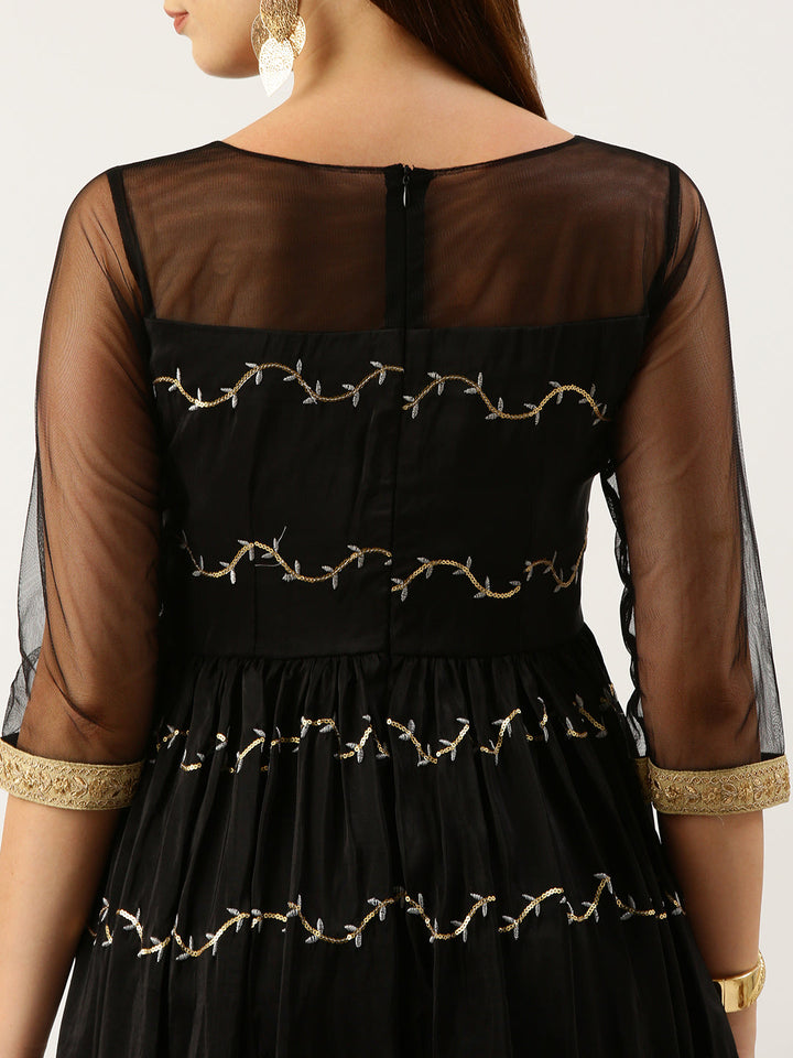 Black Viscose Embroidered Anarkali Suit Set