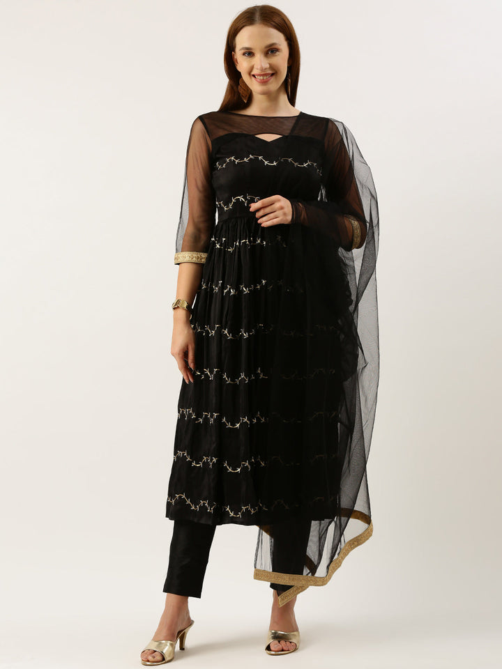 Black Viscose Embroidered Anarkali Suit Set