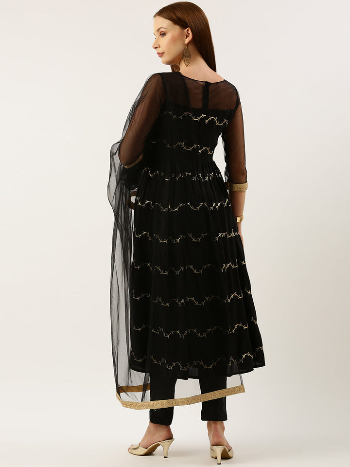 Black Viscose Embroidered Anarkali Suit Set