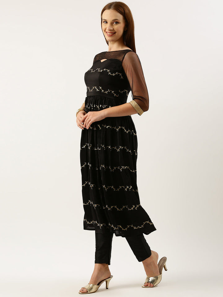 Black Viscose Embroidered Anarkali Suit Set