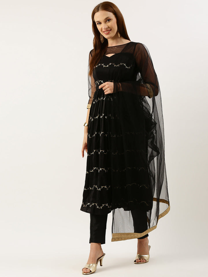 Black Viscose Embroidered Anarkali Suit Set