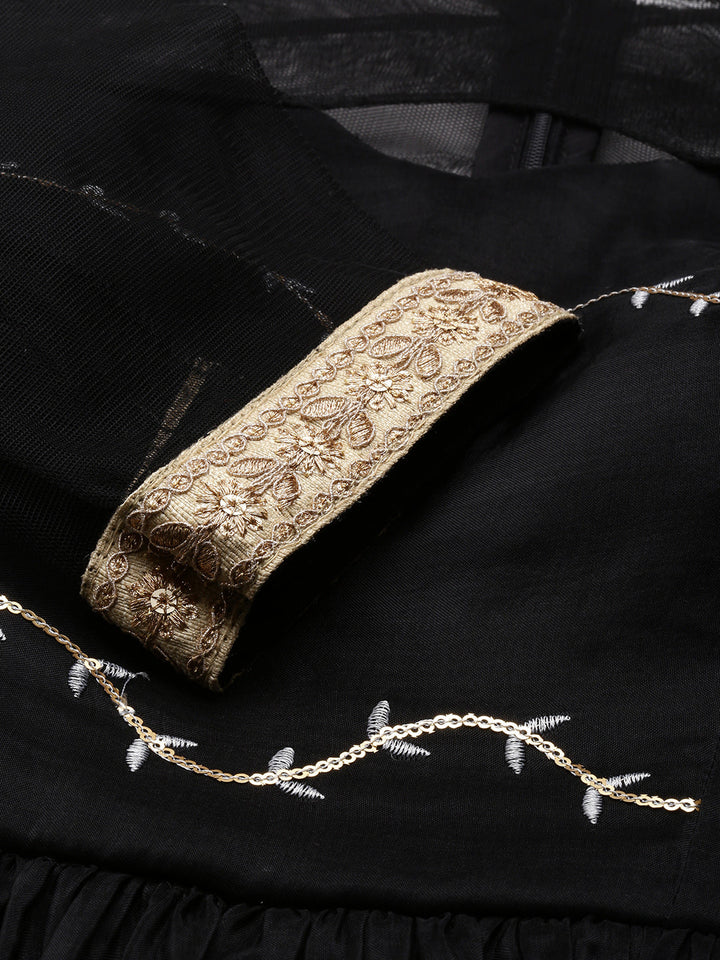 Black Viscose Embroidered Anarkali Suit Set