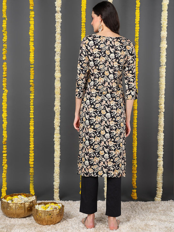 ZERESOUQ-Black-Viscose-Rayon-Key-Hole-Neck-Straight-Kurta