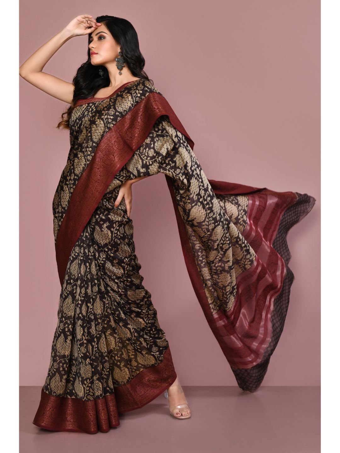 Black & Beige Printed Chanderi Red Border Saree