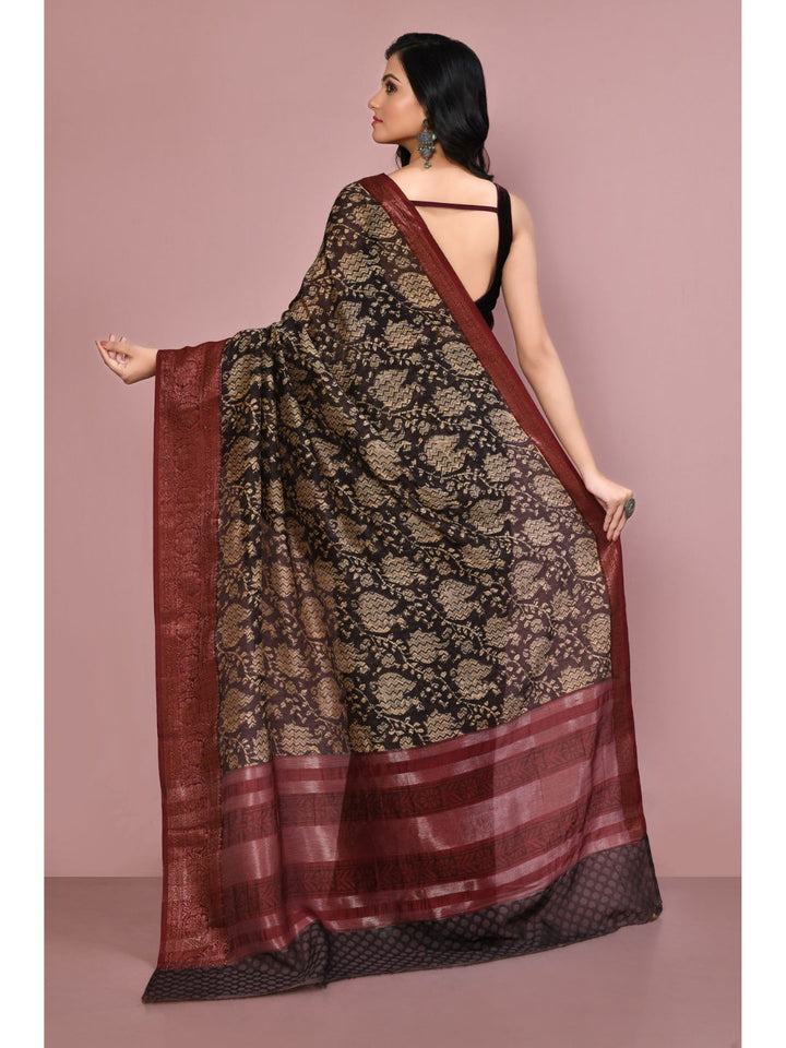 Black & Beige Printed Chanderi Red Border Saree