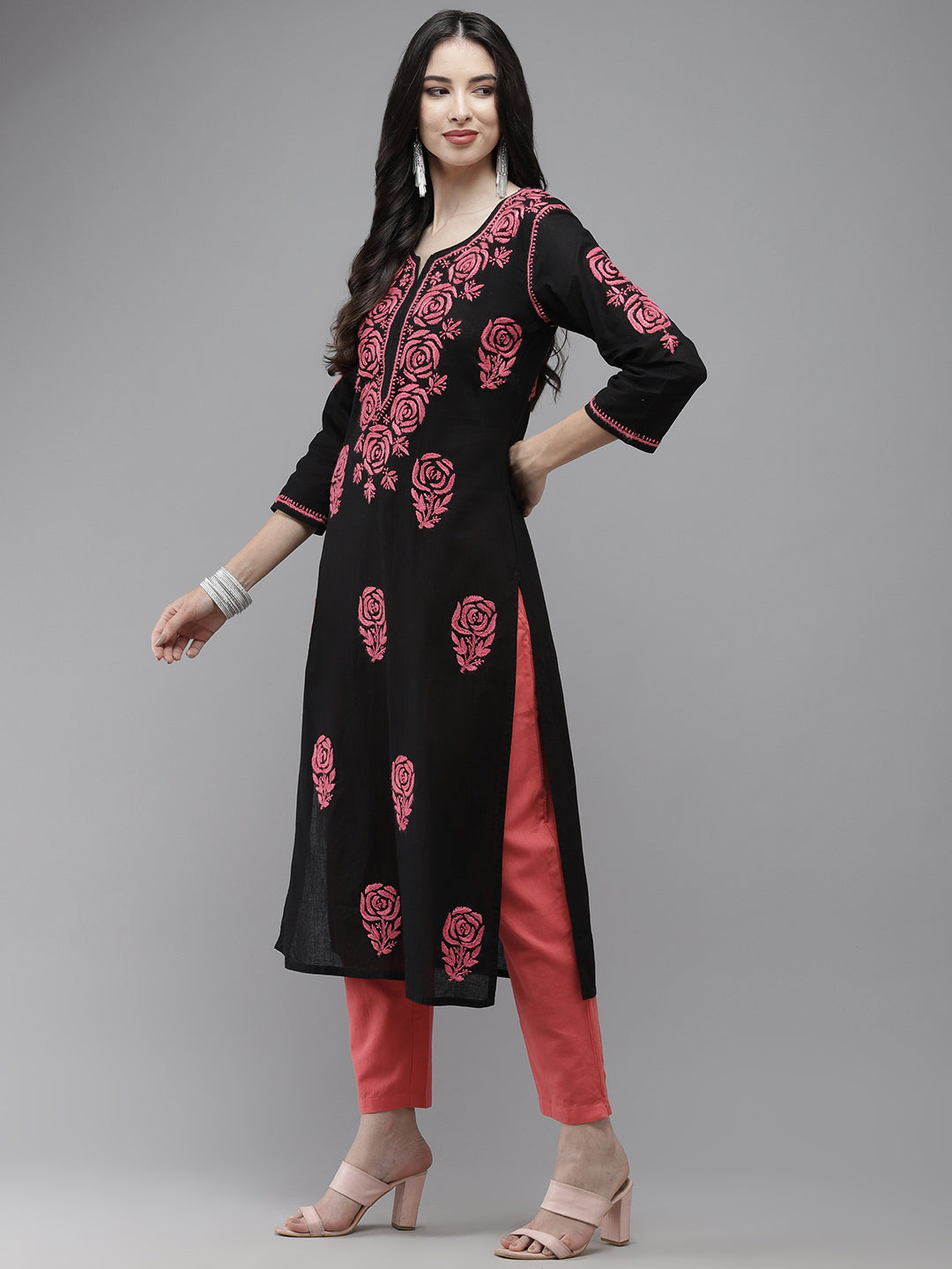 Black & Carrot Pink Embroidered Chikankari Cotton Kurta