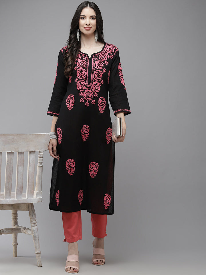 Black & Carrot Pink Embroidered Chikankari Cotton Kurta