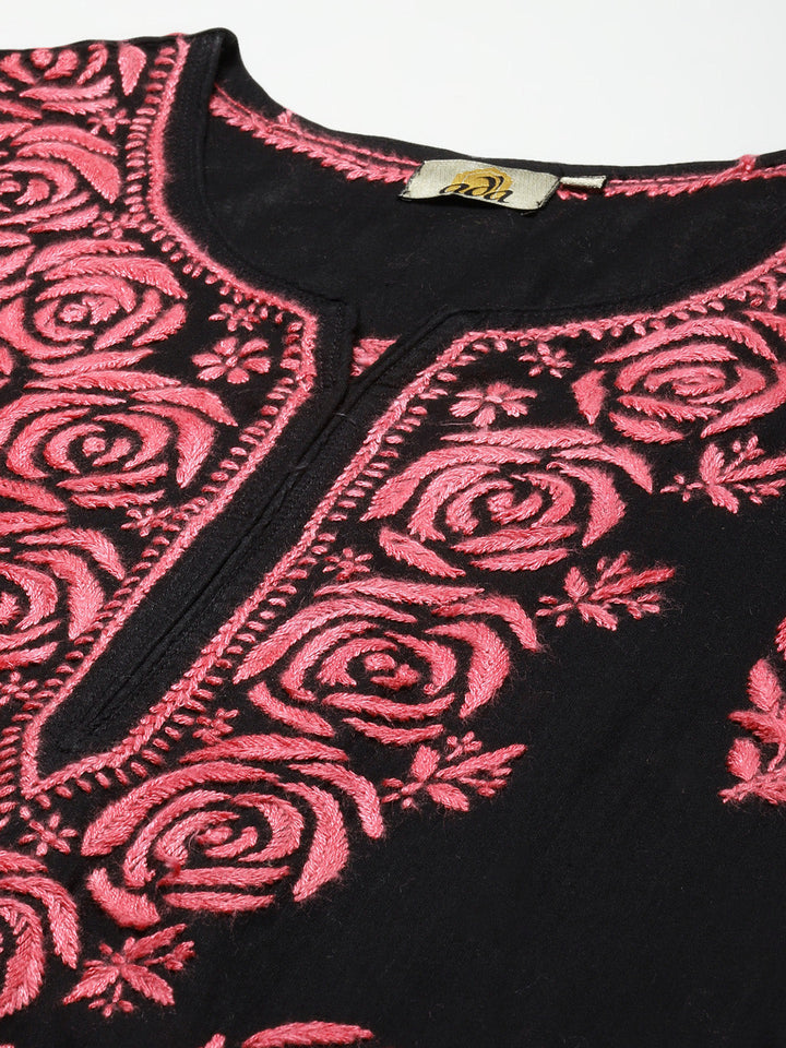 Black & Carrot Pink Embroidered Chikankari Cotton Kurta