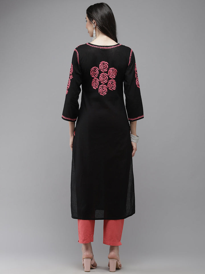 Black & Carrot Pink Embroidered Chikankari Cotton Kurta