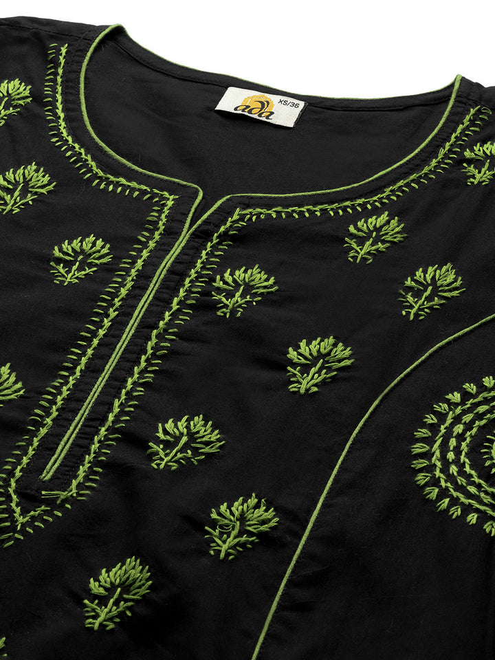 Black & Green Cotton Artisan Embroidered Chikankari Kurta