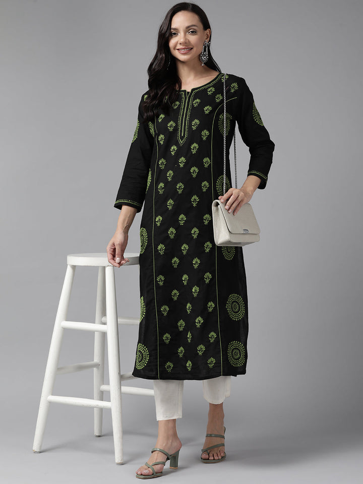 Black & Green Cotton Artisan Embroidered Chikankari Kurta