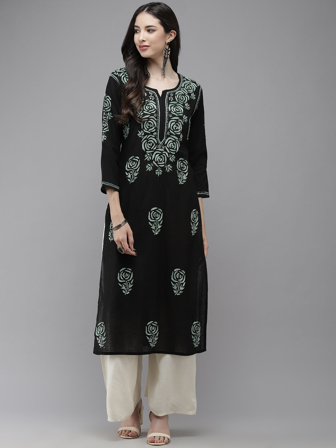 Black & Green Embroidered Chikankari Cotton Kurta