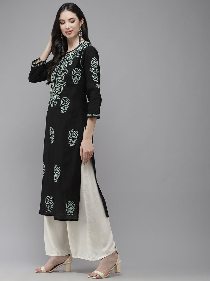 Black & Green Embroidered Chikankari Cotton Kurta