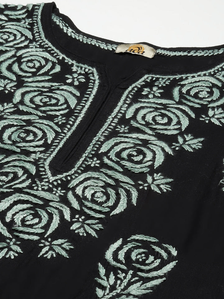 Black & Green Embroidered Chikankari Cotton Kurta