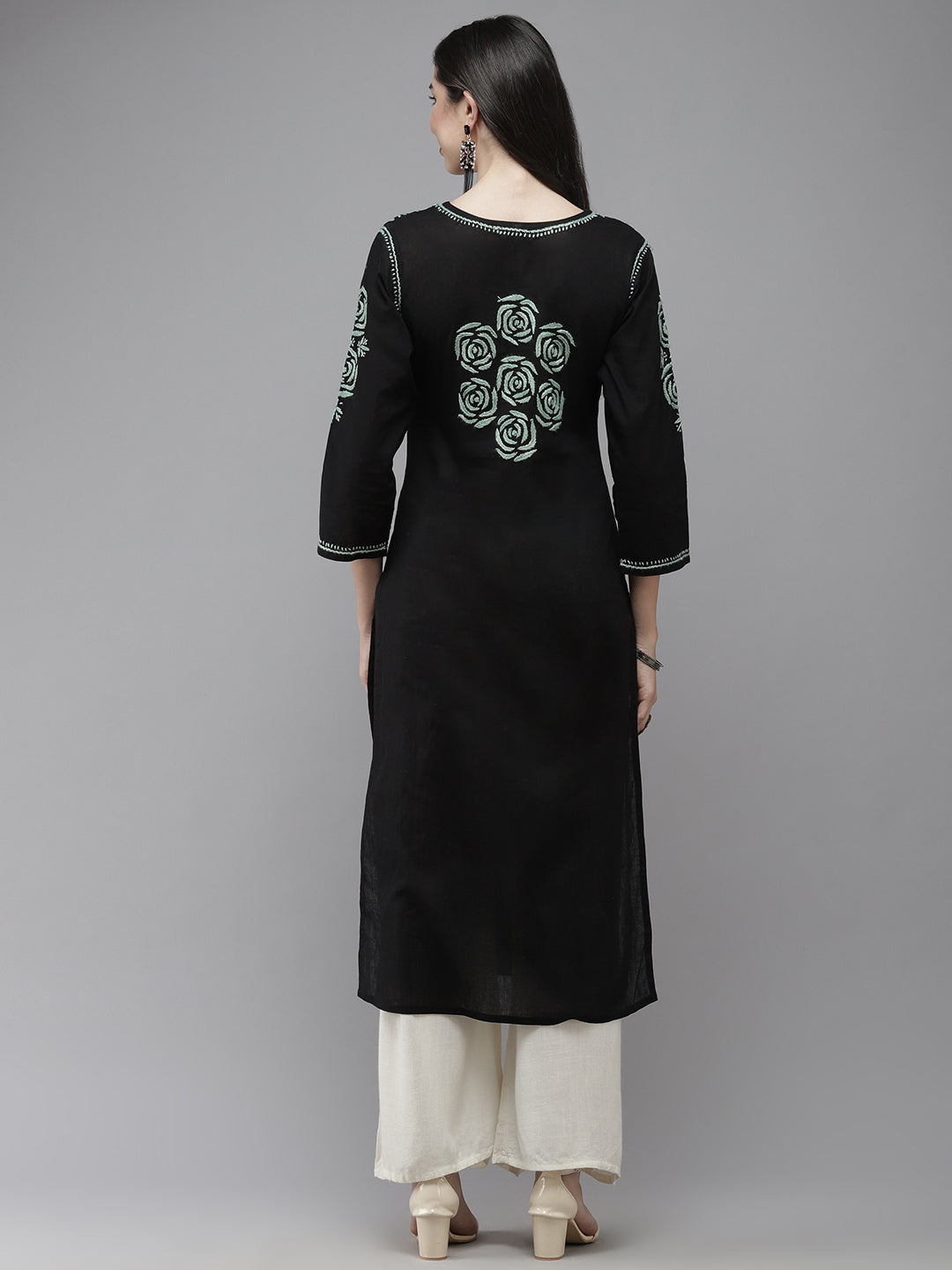 Black & Green Embroidered Chikankari Cotton Kurta