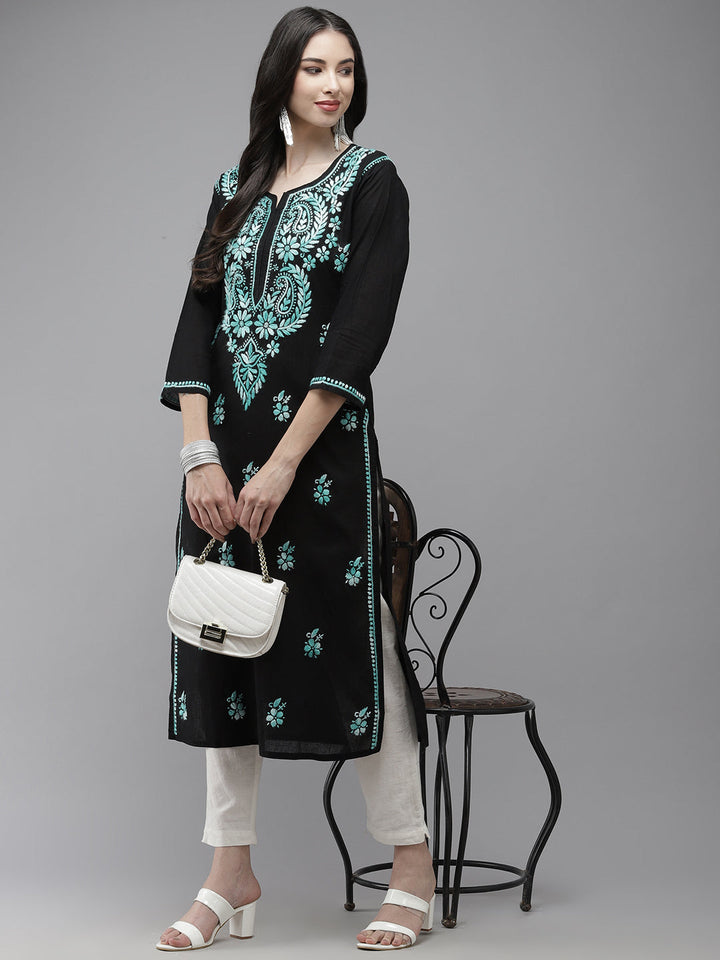 Black & Green Hand Embroidered Chikankari Cotton Kurta