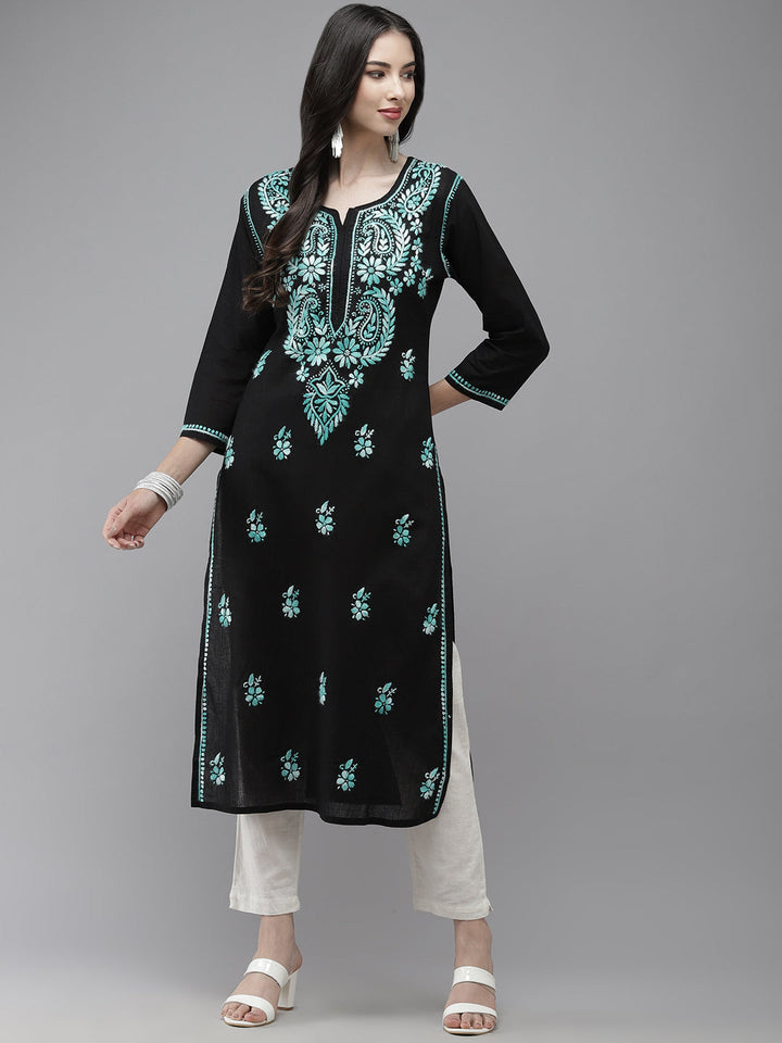 Black & Green Hand Embroidered Chikankari Cotton Kurta