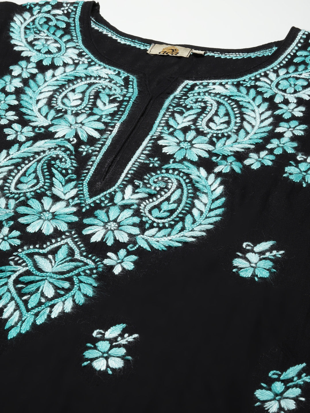 Black & Green Hand Embroidered Chikankari Cotton Kurta