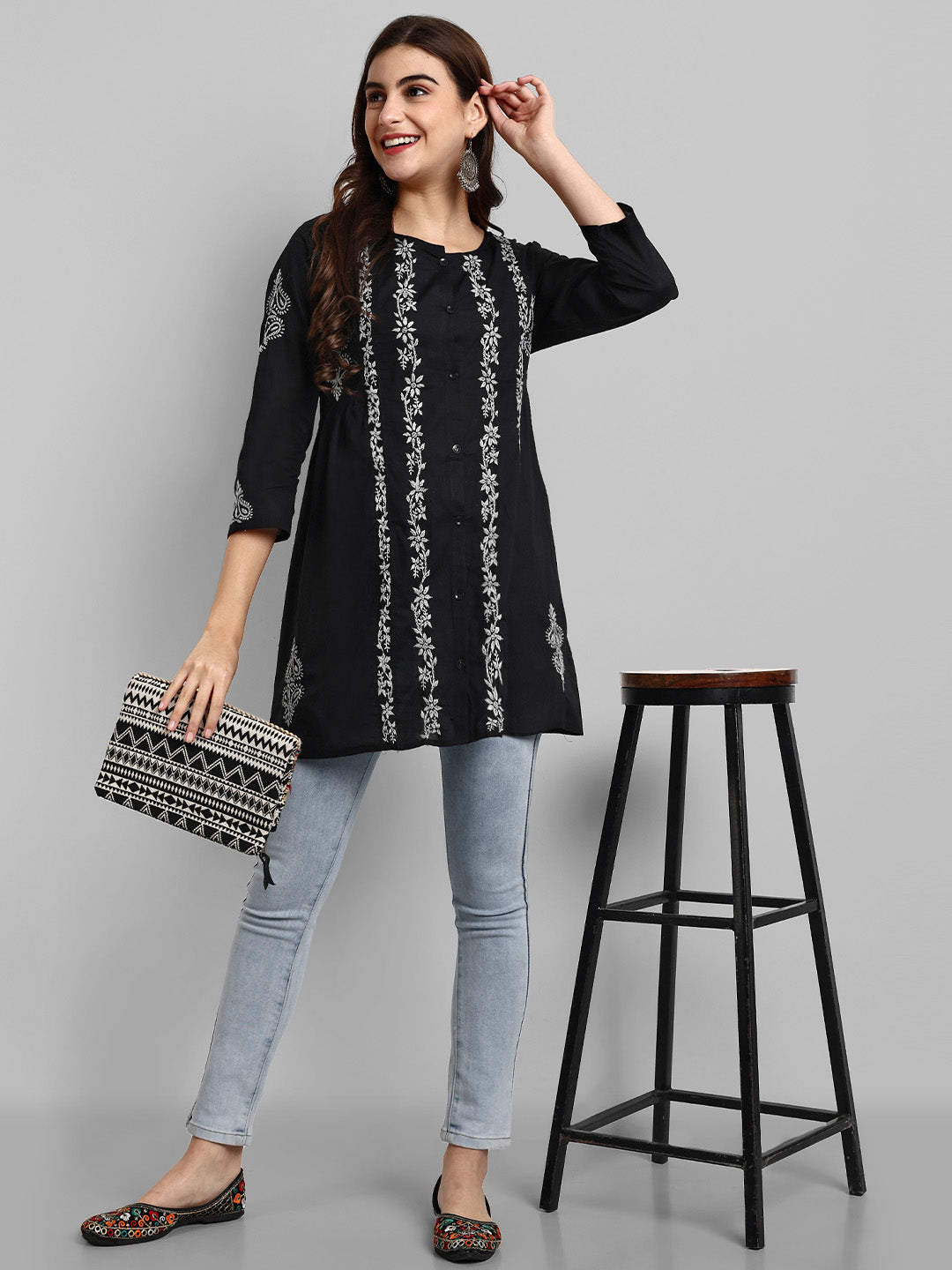 Black & Grey Cotton Machine Woven Chikankari Tunic Shirt
