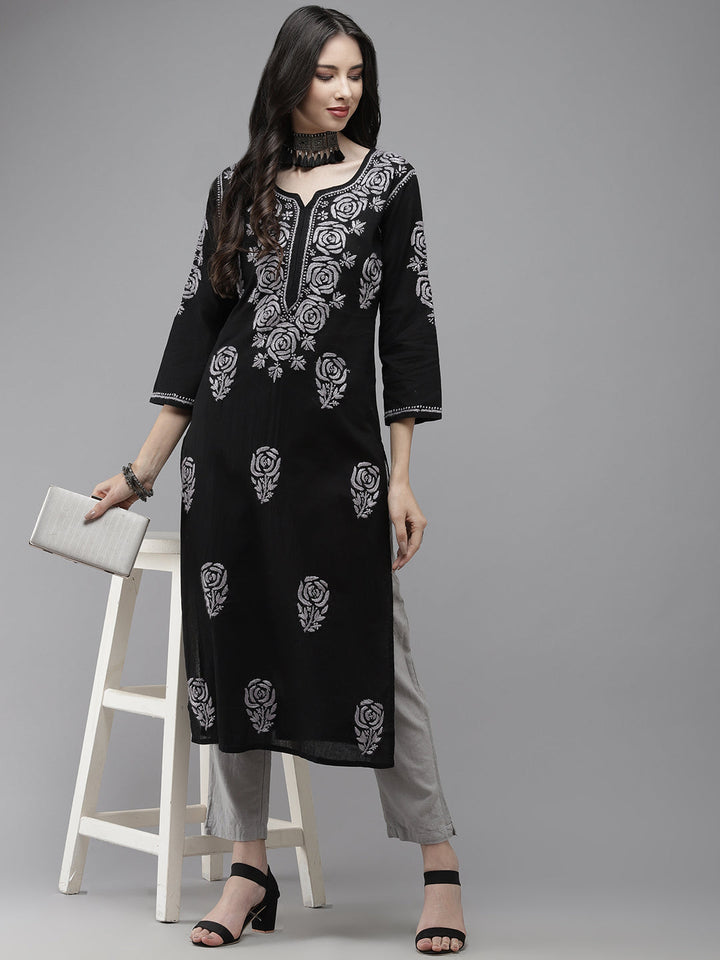 Black & Grey Embroidered Chikankari Cotton Kurta