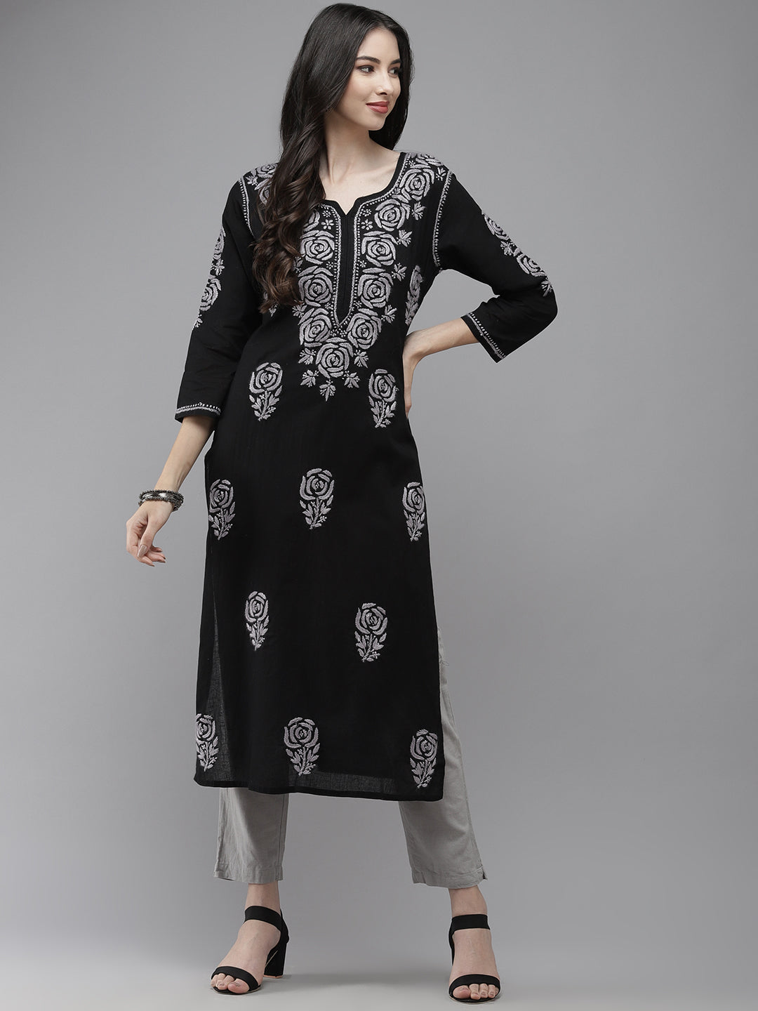 Black & Grey Embroidered Chikankari Cotton Kurta