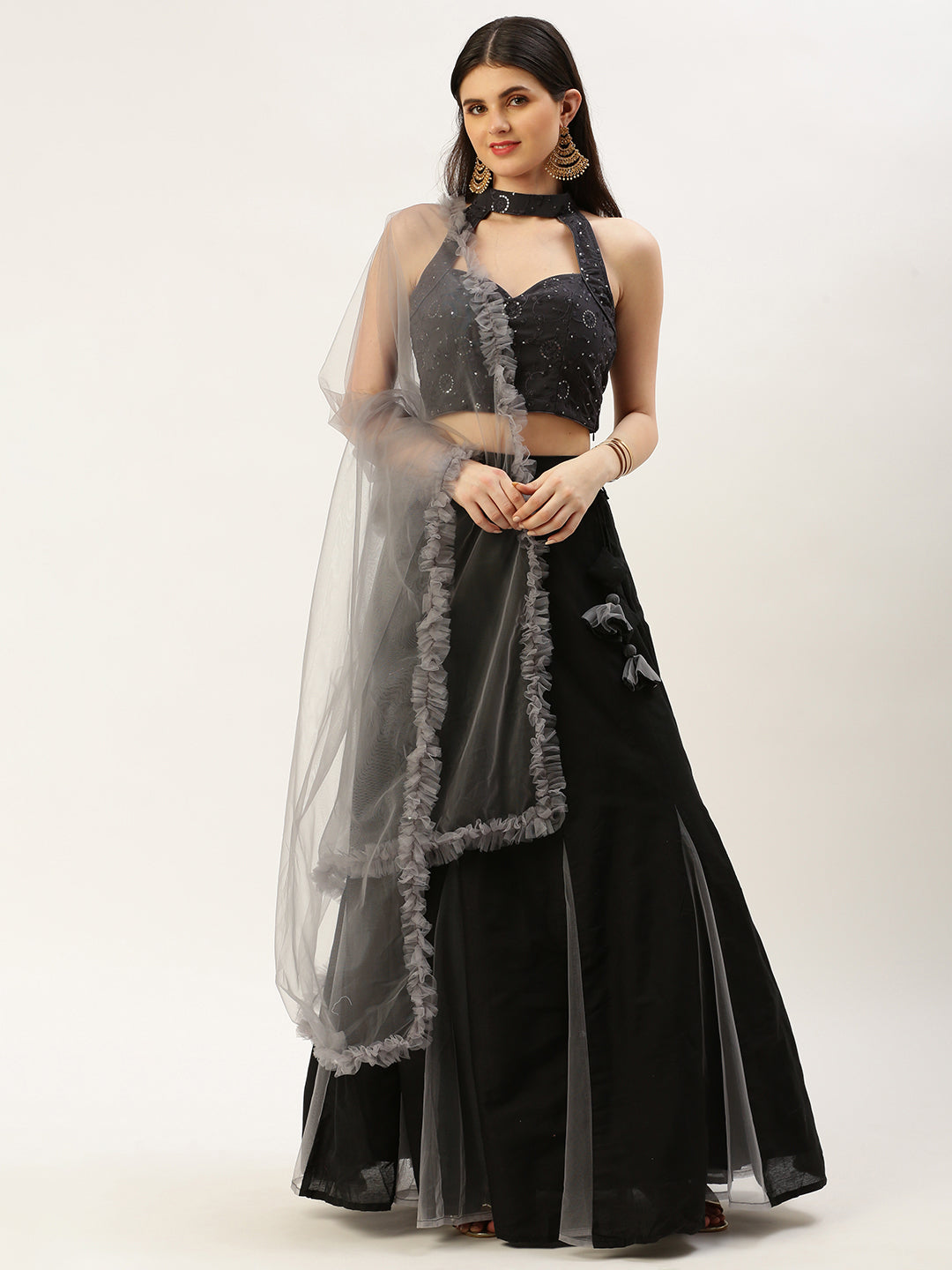 Black & Grey Net Embroidered Lehenga Set
