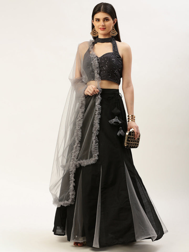 Black & Grey Net Embroidered Lehenga Set