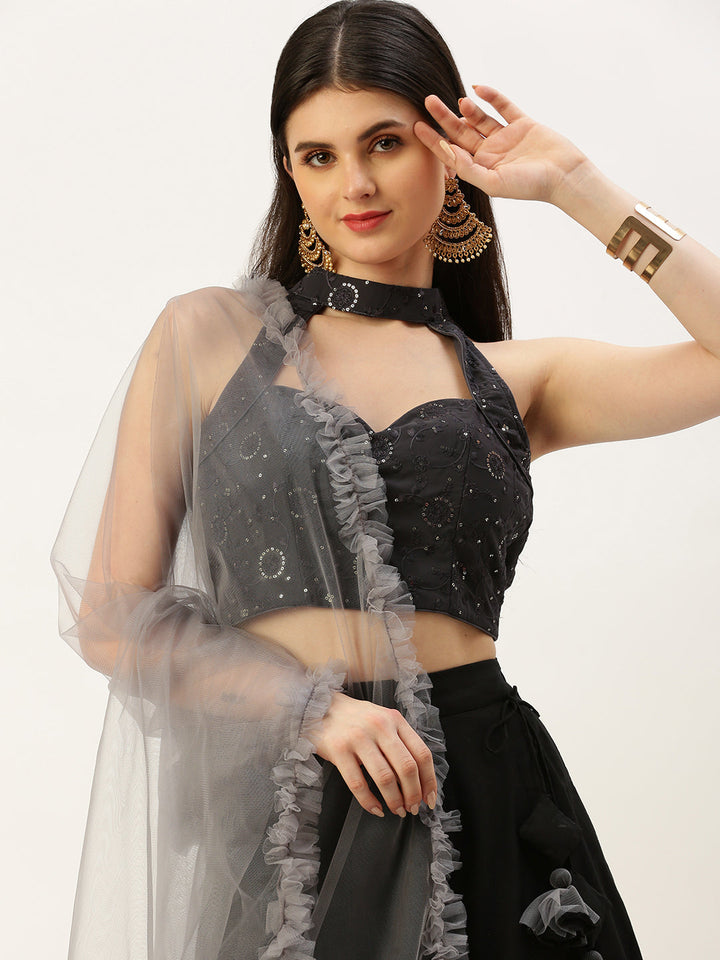Black & Grey Net Embroidered Lehenga Set