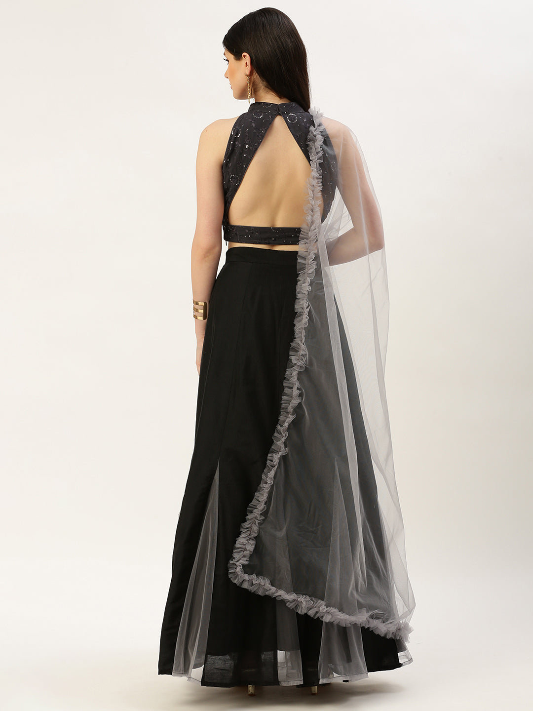 Black & Grey Net Embroidered Lehenga Set