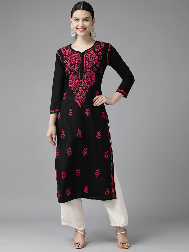 Black & Magenta Embroidered Chikankari Cotton Kurta