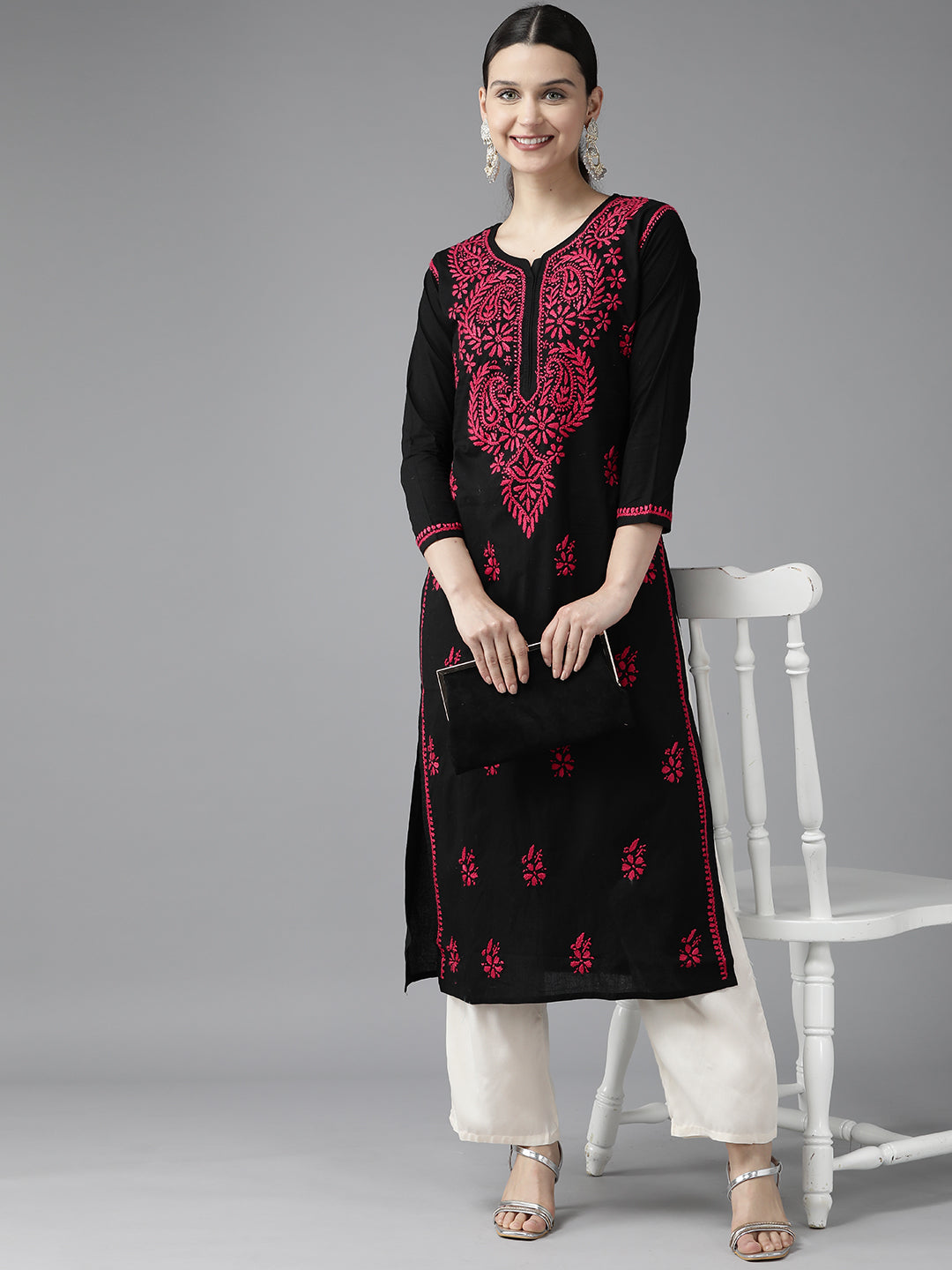 Black & Magenta Embroidered Chikankari Cotton Kurta