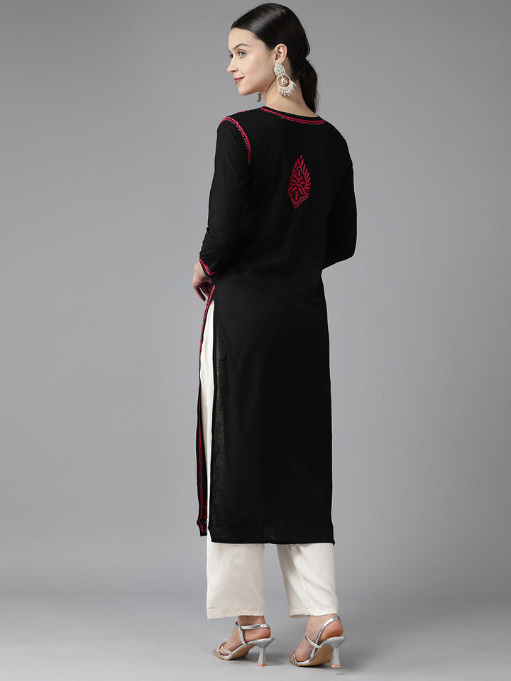 Black & Magenta Embroidered Chikankari Cotton Kurta