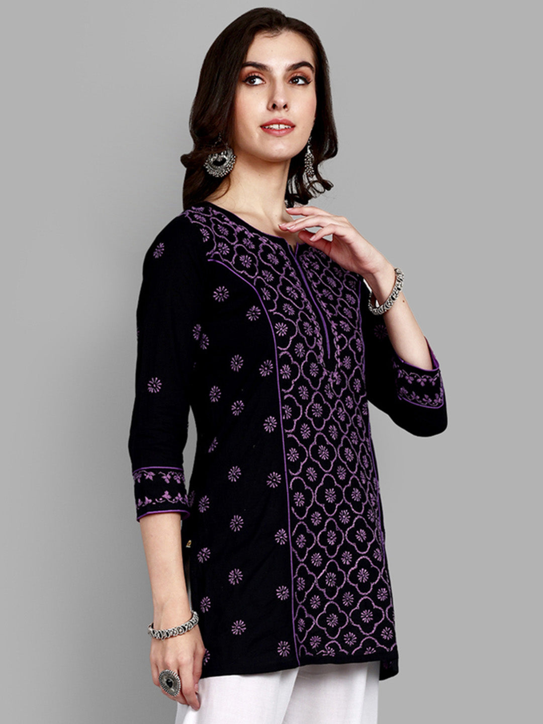 Black & Mauve Cotton Chikankari Tunic Kurti